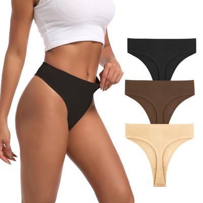 Xlndsoea High Waisted Thongs Underwear for Women Stretchy Ribbed Cotton Black Coffee Nude Color Panties Breathable High Cut Underwear 3-Pack Size 2X-Large