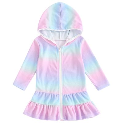 Mubineo Toddler Girl Long Sleeve Swimsuit Beach Dress Cute Cover Ups Ruffle Bathing Suit Cover Up Kimono Kids Swimwear (Rainbow, 4-5 Years)