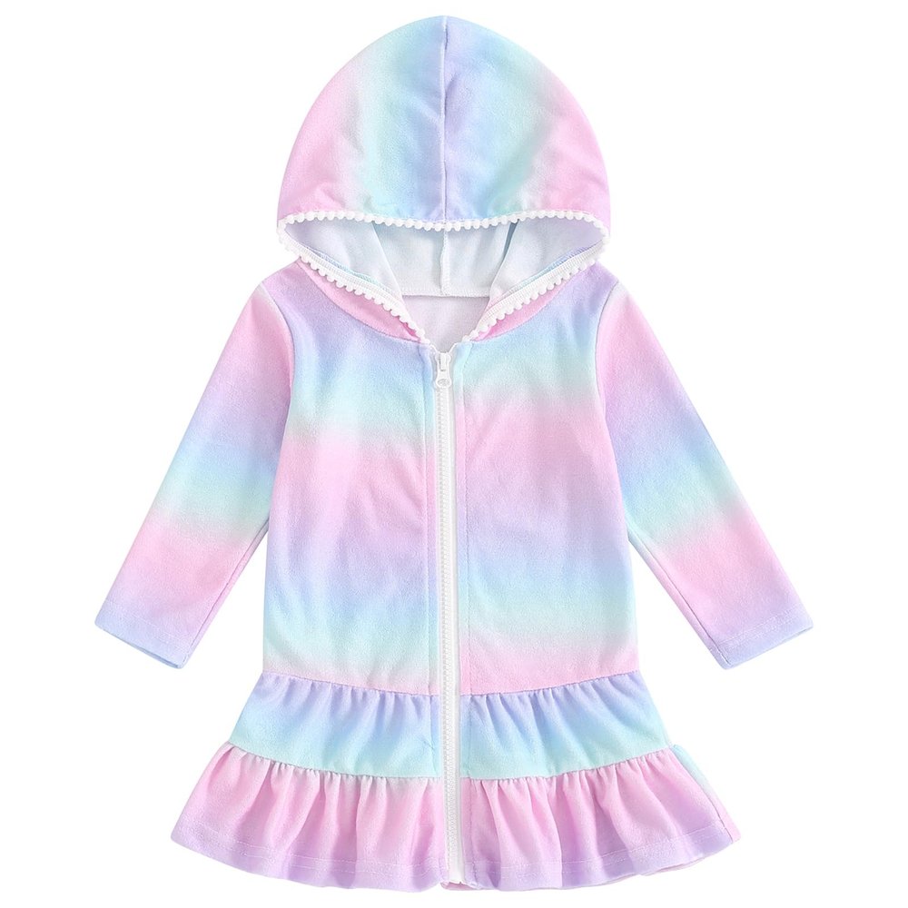Mubineo Toddler Girl Long Sleeve Swimsuit Beach Dress Cute Cover Ups Ruffle Bathing Suit Cover Up Kimono Kids Swimwear (Rainbow, 4-5 Years)