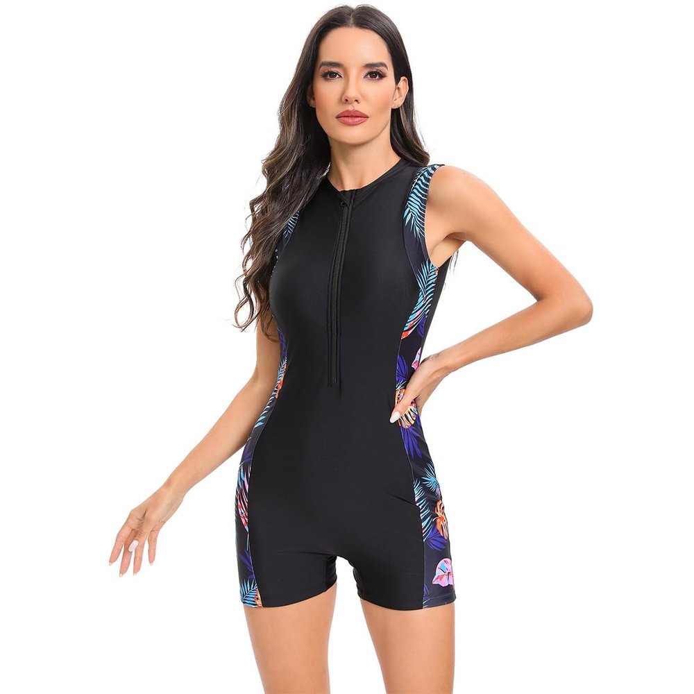 Surfing Swimsuits for Women One Piece Boyleg Bathing Suits Zip Up Swimsuit for Women Rash Guard Swimming Water Aerobics Diving Compression Swimsuit Women Traje De Bao para Mujer Leaf Black S
