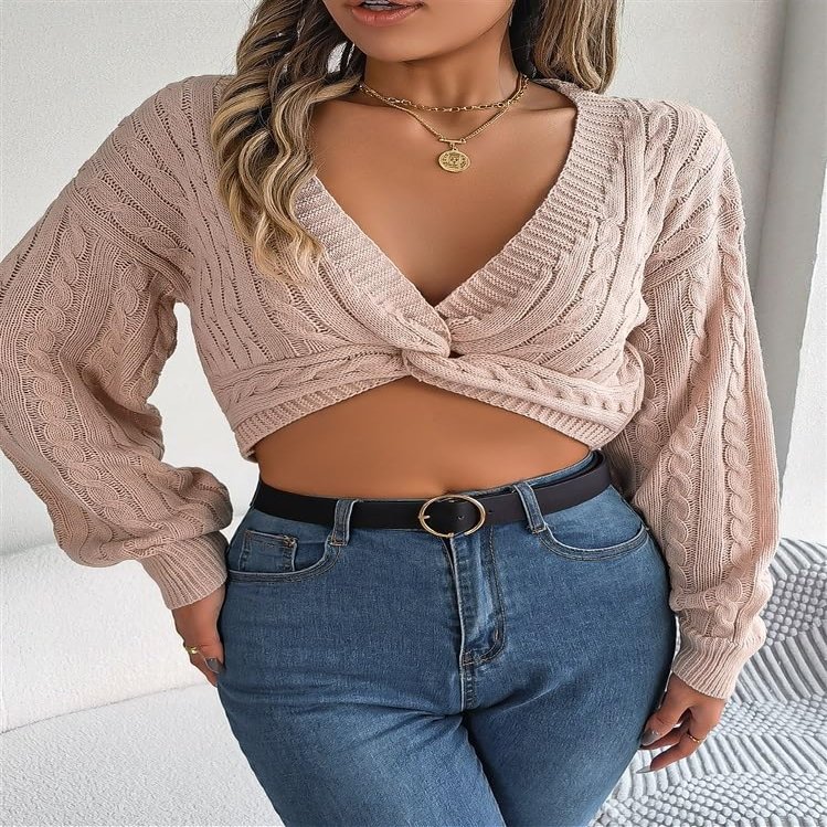 Women's Sexy V-Neck Long-Sleeved Midriff-Baring Sweater Casual Crop Top (Color : Pink, Size : Large)