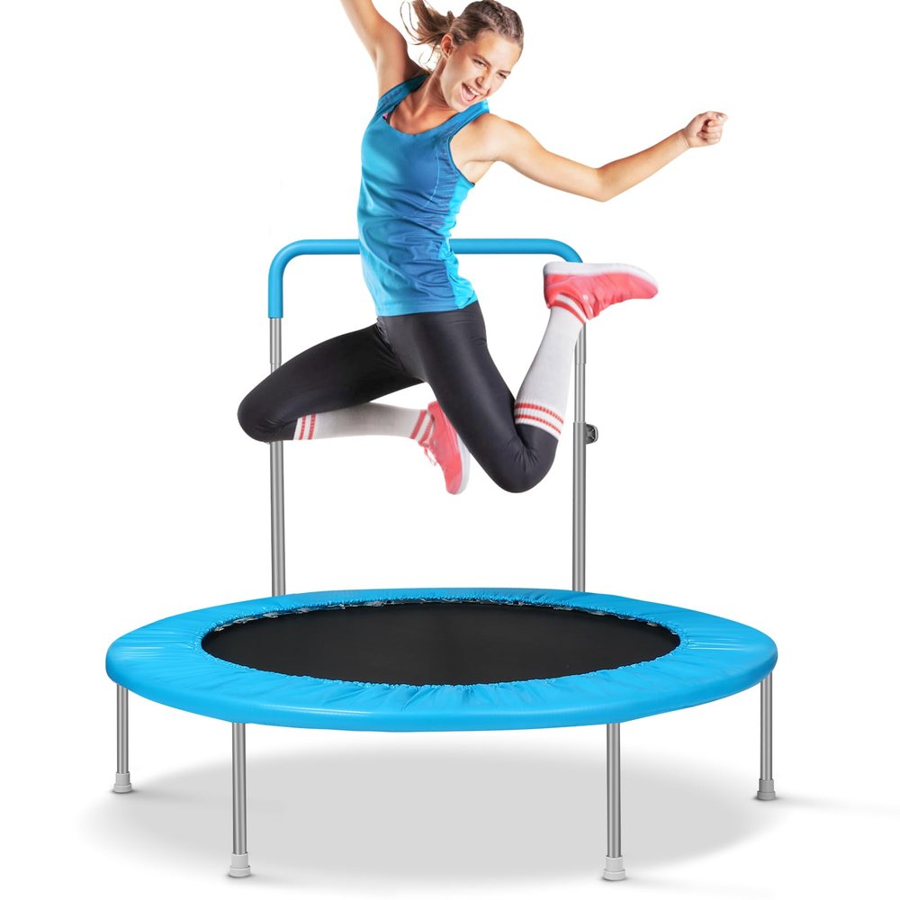 Lyromix 48Inch Mini Fitness Trampoline for Adults and Kids, Small Exercise Trampoline with Adjustable Handle for Indoor Outdoor Workout, Blue