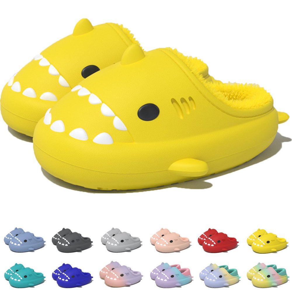 Jfxgjuv Sharklas Polares, Sharky Originales De Invierno, Shark Slides Winter, Winter Warm Cozy Plush Waterproof Non-Slip Cloud Shark Slides Slippers for Men Women (Yellow Half,5.5-6 Women/4-4.5 Men)