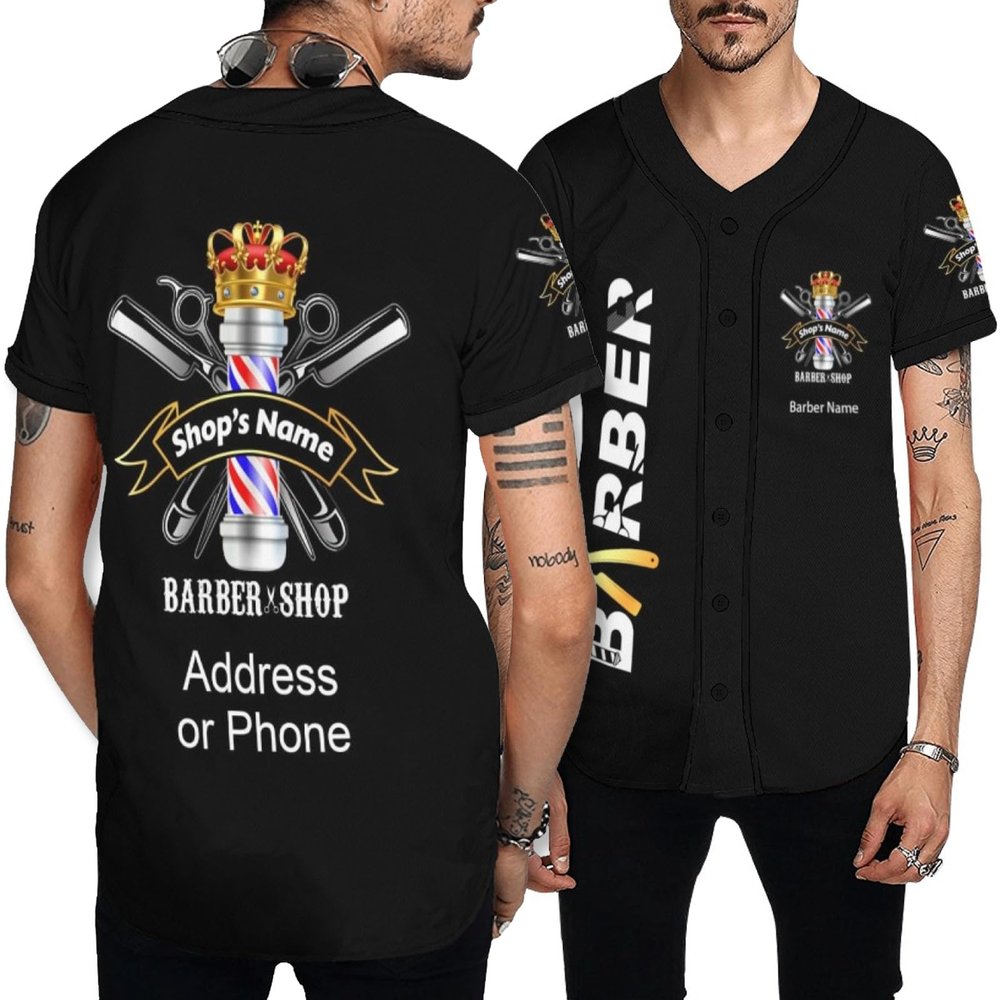 Men's Barber Smock Personalized Barbershop Logo Name, Hairdresser Baseball Softball Jersey Shirts, Barber Jackets Uniforms