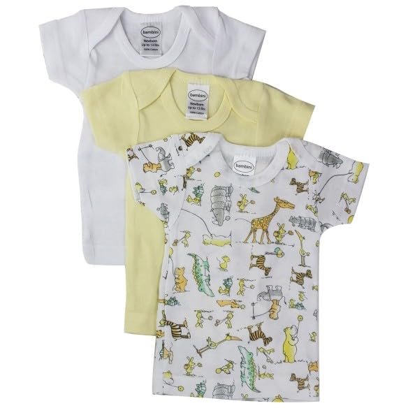 Bambini 100% Cotton Rib Knit Infant Baby Boy Baby Girl Unisex Short Sleeve Tee 3 Pack (Yellow/White/Print Crocodile) Size Newborn (0-6 Months) by Miracle USA