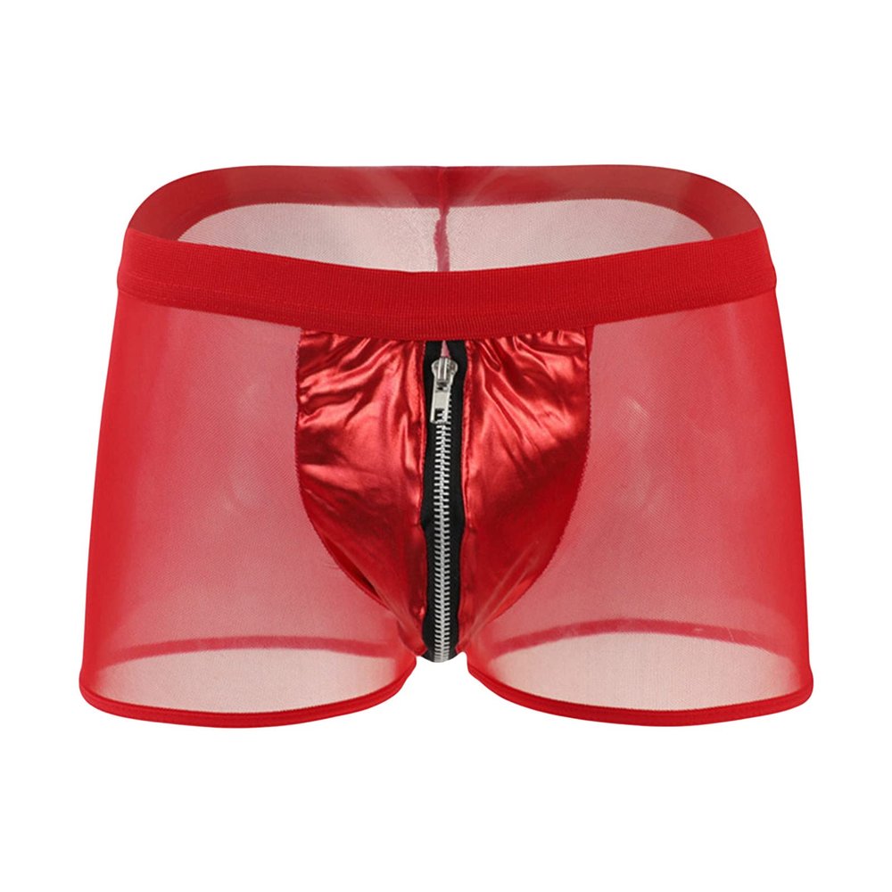 Generic Men'S Mesh Pouch Trunks Short Leg Underwear Zipper Front Underwear Boxer Briefs Medium Waist Lounge Underpants (Red,Large)
