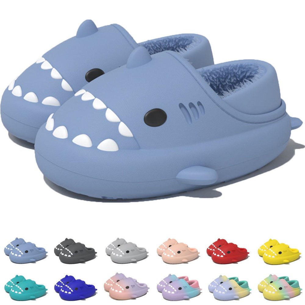 Jfxgjuv Sharklas Polares, Sharky Originales De Invierno, Shark Slides Winter, Winter Warm Cozy Plush Waterproof Non-Slip Cloud Shark Slides Slippers for Men Women (Blue Full,5.5-6 Women/4-4.5 Men)