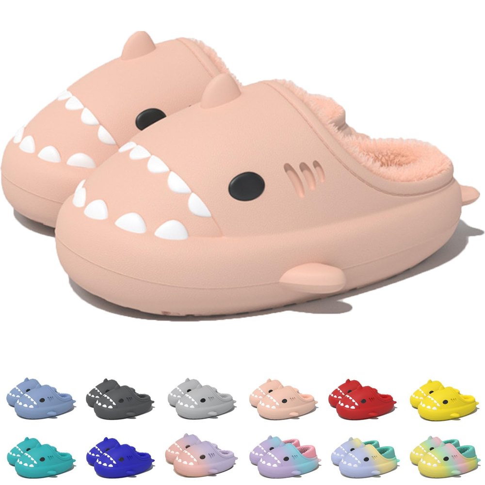 Jfxgjuv Sharklas Polares, Sharky Originales De Invierno, Shark Slides Winter, Winter Warm Cozy Plush Waterproof Non-Slip Cloud Shark Slides Slippers for Men Women (Pink Half,5.5-6 Women/4-4.5 Men)