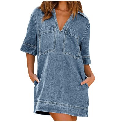 Overstock Outlet Womens Oversized Denim Dress V Neck Short Sleeve Pullover Tops with Pockets Casual Loose Vintage Mini Dress Jean Skirts Sky Blue
