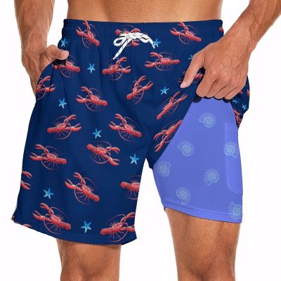 Feim-AO Crawfish Swim Trunks with Compression Liner for Men Swimming Trunks Stretch Crawfish Board Shorts Summer Beach Shorts