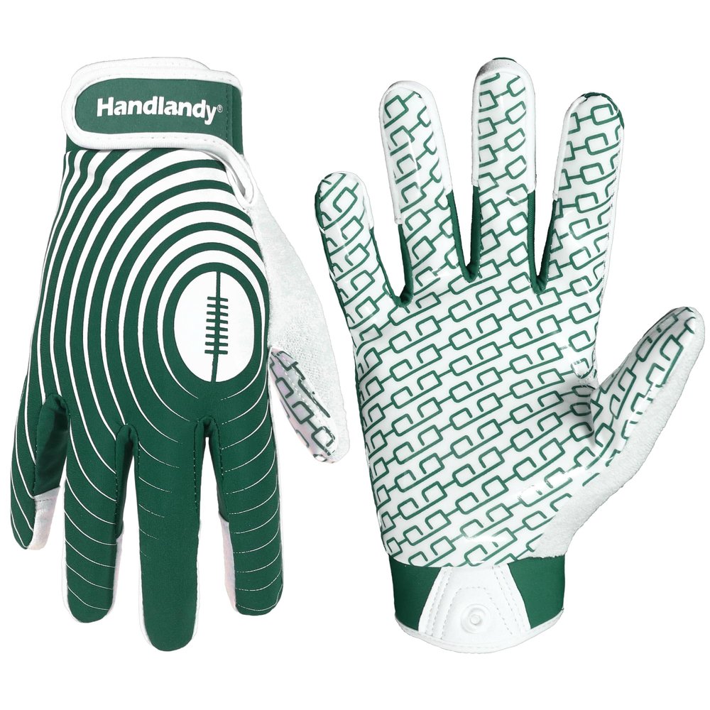 HANDLANDY Youth Football Gloves, Sticky Wide Receiver Gloves for Kids, White and Gold Stretch Fit Football Glove (White and Green, Large)