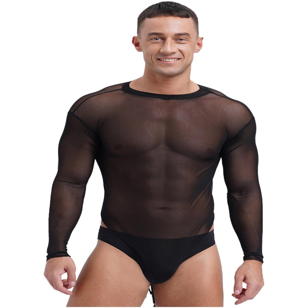 Manyakai Mens Long Sleeve Sheer Bodysuits Thongs Ultra Thin Mesh Leotard Tops Undershirts Nightwear Black Medium