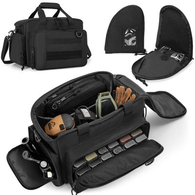 GOBUROS Tactical Gun Range Bag for 2 Handguns and Ammo, Pistol Gun Case with 12X Magazine Slots, Gun Carrying Case with Lockable Zippers and Padded Shoulder Strap, Shooting Range Duffle Bags