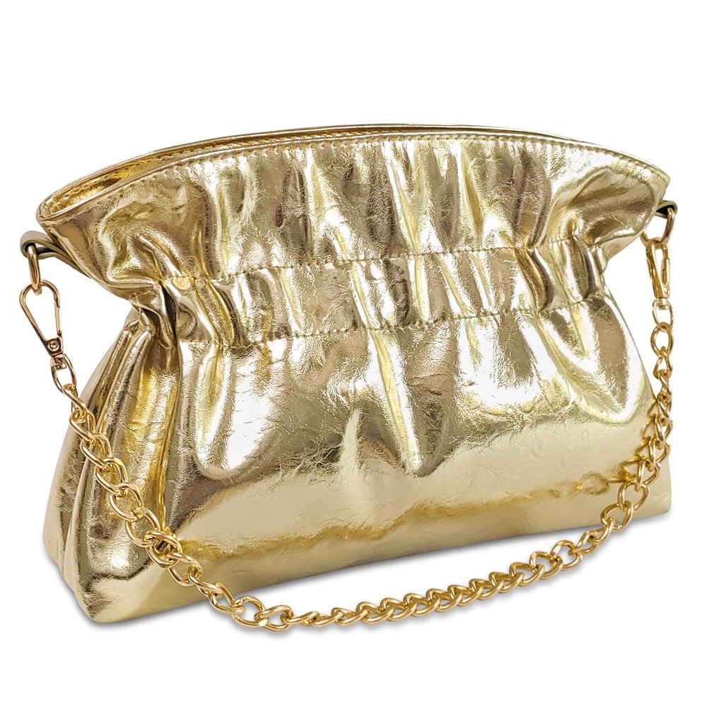 KKXIU Evening Clutch Purses for Women Shiny Metallic Solid Color Crossbody Bag with Chain Strap Elegant Party Wedding Handbag (Gold)