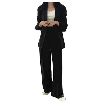 Legou Womens Korean-Style Plain Suit Long Sleeve Turn Down Collar Blazers Slimming Wide-Leg Pant Two-Piece Suit Black Blazer M
