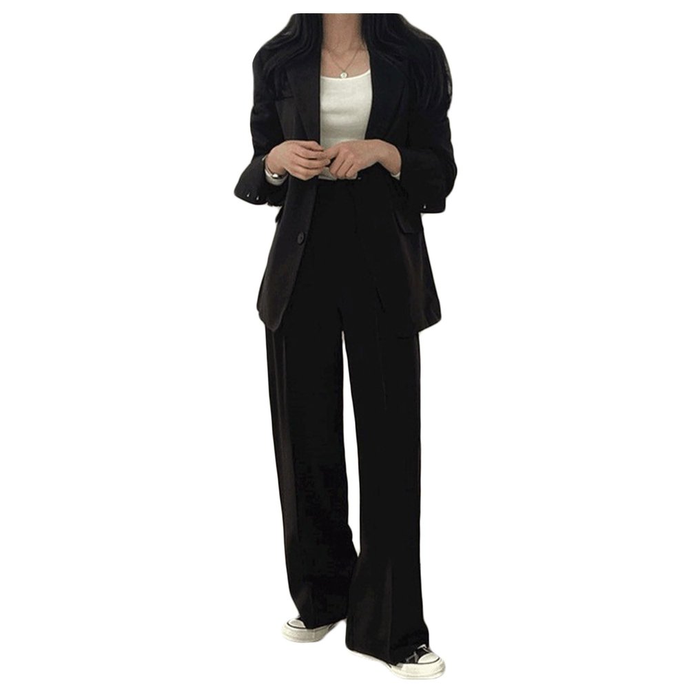 Legou Womens Korean-Style Plain Suit Long Sleeve Turn Down Collar Blazers Slimming Wide-Leg Pant Two-Piece Suit Black Blazer M