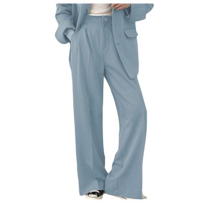 Legou Womens Korean-Style Plain Suit Long Sleeve Turn Down Collar Blazers Slimming Wide-Leg Pant Two-Piece Suit Blue Pants L
