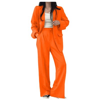 Legou Womens Korean-Style Plain Suit Long Sleeve Turn Down Collar Blazers Slimming Wide-Leg Pant Two-Piece Suit Orange Blazer XL