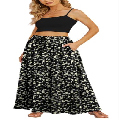 Yincro Women's Flowy Maxi Skirt Summer Pleated High Waisted Casual Long Skirts with Pockets (Rose Beige on Black, XL)