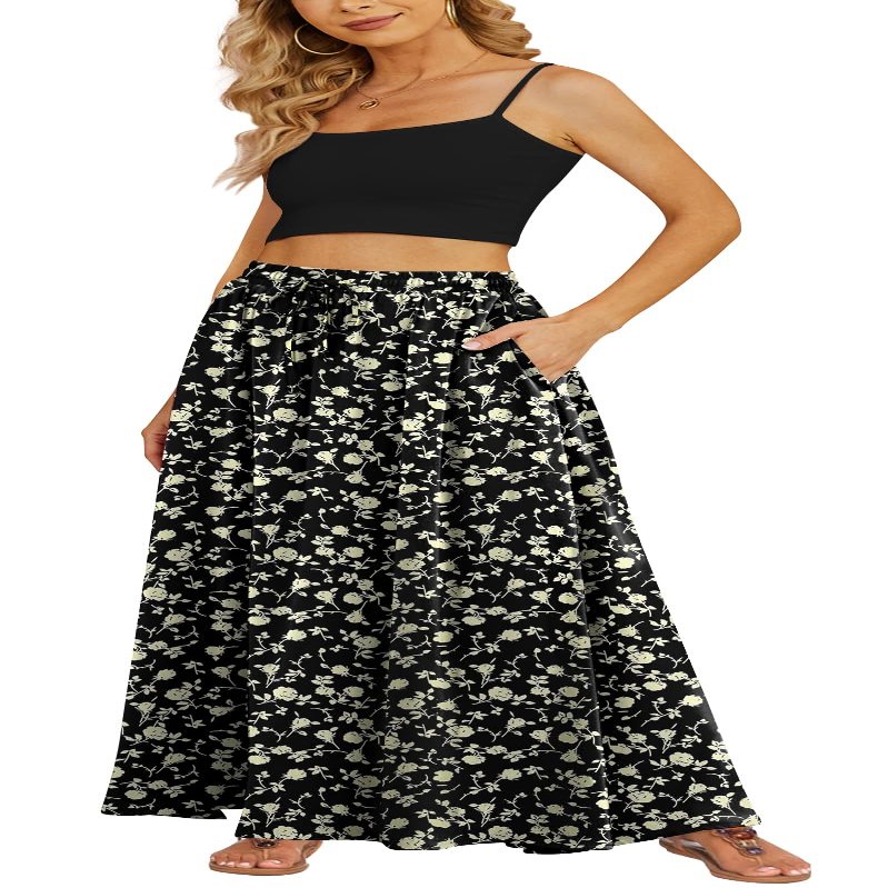 Yincro Women's Flowy Maxi Skirt Summer Pleated High Waisted Casual Long Skirts with Pockets (Rose Beige on Black, XL)