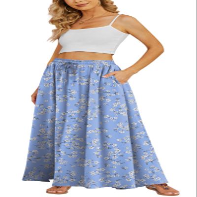Yincro Women's Flowy Maxi Skirt Summer Pleated High Waisted Casual Long Skirts with Pockets (Blue White Flower, 2XL)