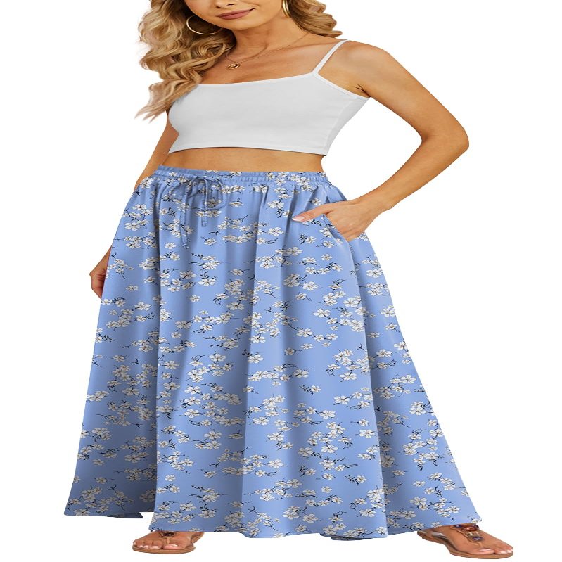 Yincro Women's Flowy Maxi Skirt Summer Pleated High Waisted Casual Long Skirts with Pockets (Blue White Flower, 2XL)