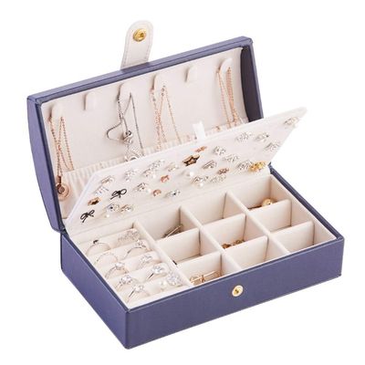 Aendu Jewelry Box-Synthetic Leather Jewel Cabinet Gift Case-Necklace Ring Storage Organizer Double Layer-for travel (Navy Blue)