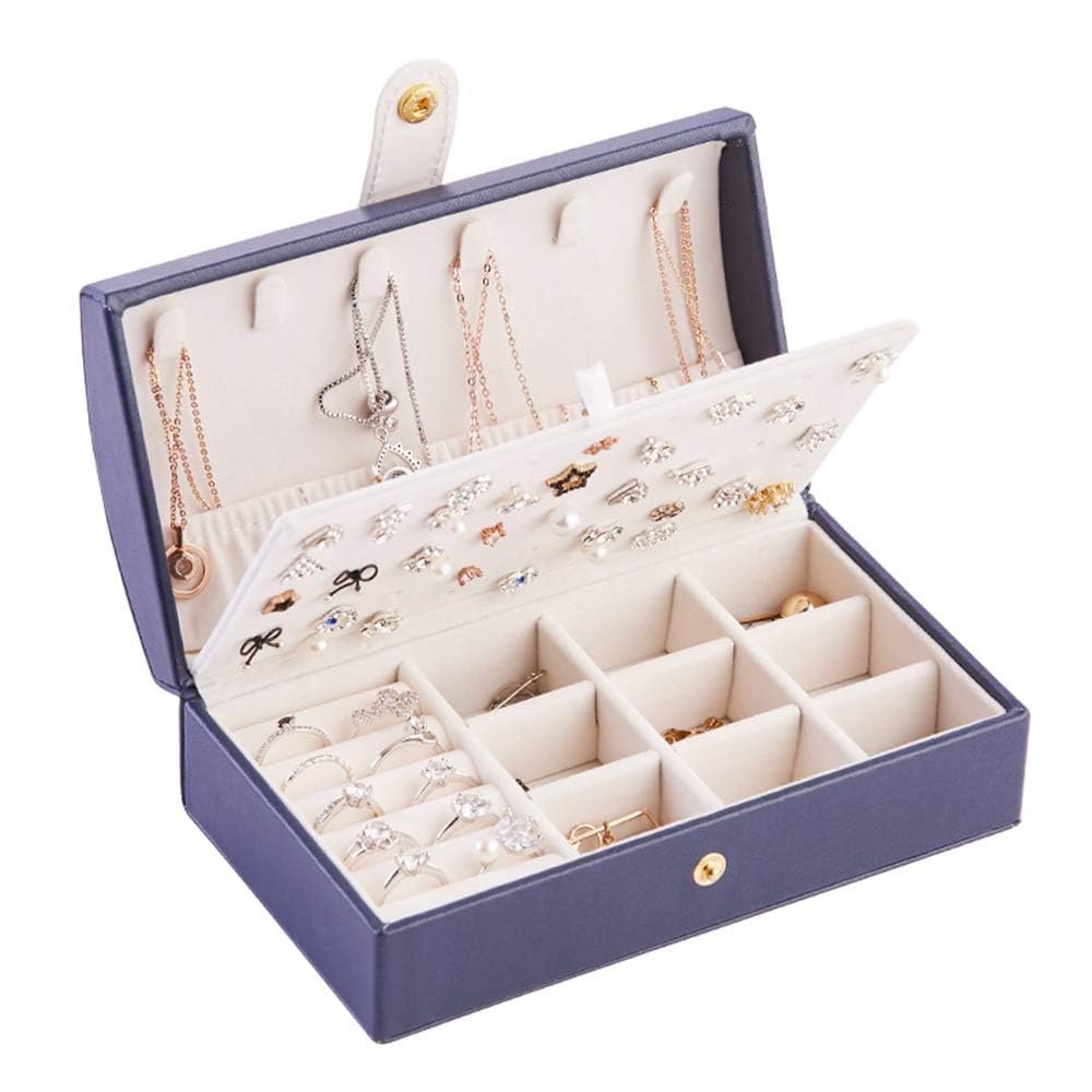 Aendu Jewelry Box-Synthetic Leather Jewel Cabinet Gift Case-Necklace Ring Storage Organizer Double Layer-for travel (Navy Blue)