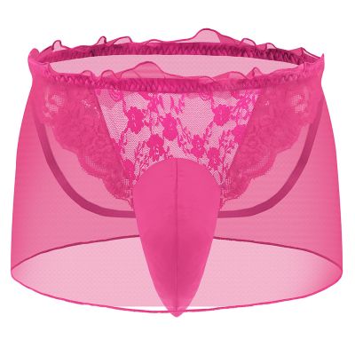 Agoky Mens Sissy Lace Mesh Skirts Panties Adult Crossdresser Crossdressing Underwear Lingerie Skirts Hot Pink A One Size