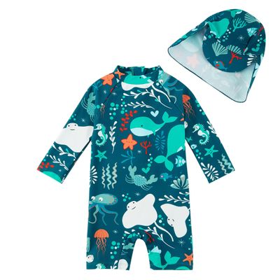 upandfast Infant Boy Swimsuit UPF 50+ Sun Protection Baby Boys' Swimwear One Piece Bathing Suit with Sun Hat (Green Whale, 6-9 Months)