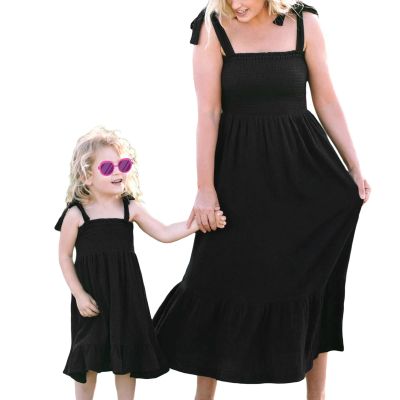 Pivanzore Mommy and Me Dresses Tie-Up Spaghetti Strap Dress Summer Long Dress Beach Mom Daughter Matching Outfits (Girl, 6 Years, Black)