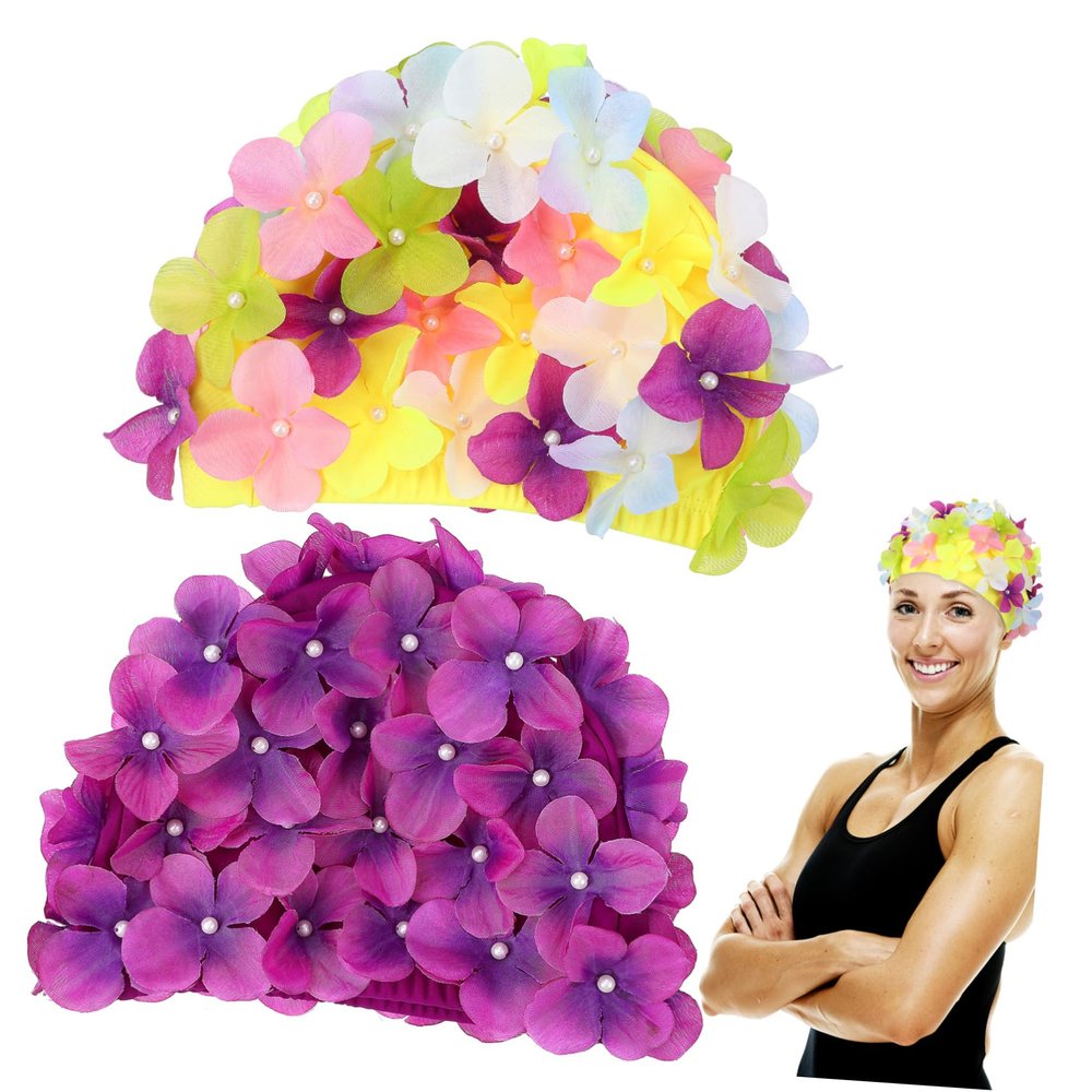 CORHAD 2pcs Floral Swim Caps for Women Elastic Bathing Hats with Flower Petals for Hair Breathable Stylish Design for Reducing Drag and Hair