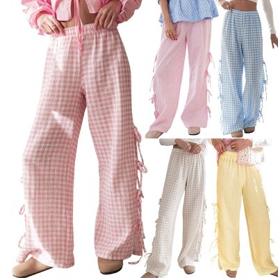 FQFGGYD Pants for Women Summer Y2K Wide Leg Pants Casual Cargo Pants Plaid Pajamas Side Strap Tie Baggy Pants Sweatpants