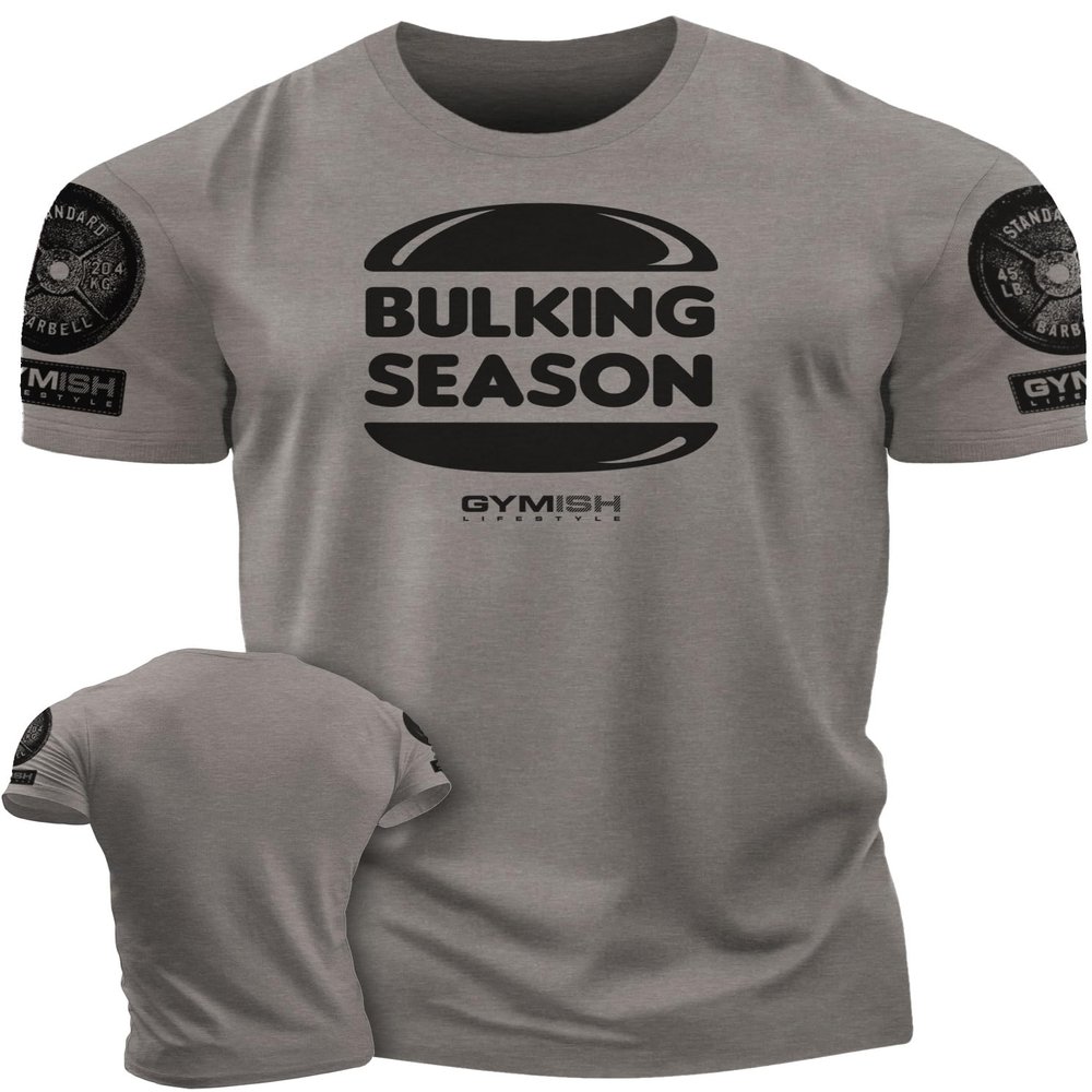Bulking Season Weightlifting T-Shirt, Gym Inspiration Mens Workout Shirt (XL, Bulking Season Warm Grey Branded)