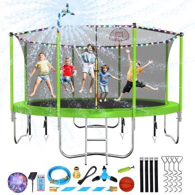 Lyromix Upgraded 12FT Trampoline with Lights, Large Outdoor Trampoline with Sprinkler,Basketball Hoop and Net, Capacity for 5-8 Kids and Adults, Apple Green