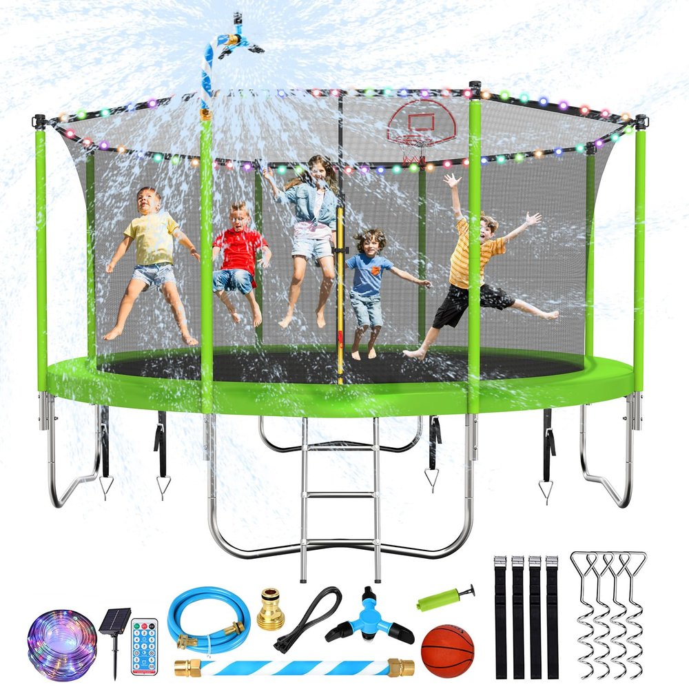 Lyromix Upgraded 12FT Trampoline with Lights, Large Outdoor Trampoline with Sprinkler,Basketball Hoop and Net, Capacity for 5-8 Kids and Adults, Apple Green