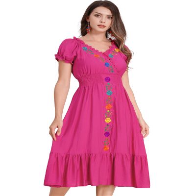ABEWIP Women Mexican V Neck Floral Embroidery Ruffle Dress Short Puff Sleeve Spring Summer Cinco De Mayo Party Boho Casual Bridesmaid Peasant Dress Rose Red XXL