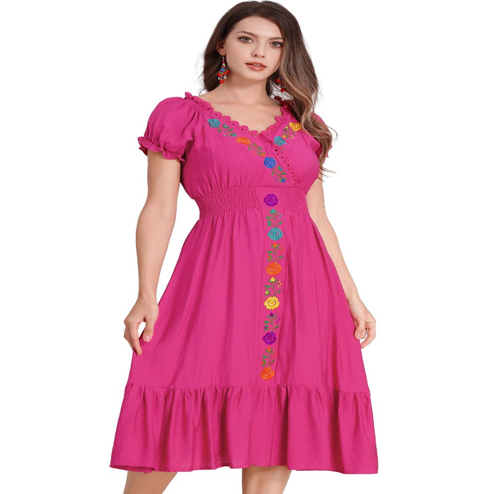 ABEWIP Women Mexican V Neck Floral Embroidery Ruffle Dress Short Puff Sleeve Spring Summer Cinco De Mayo Party Boho Casual Bridesmaid Peasant Dress Rose Red XXL