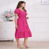 ABEWIP Women Mexican V Neck Floral Embroidery Ruffle Dress Short Puff Sleeve Spring Summer Cinco De Mayo Party Boho Casual Bridesmaid Peasant Dress Rose Red XXL view 4