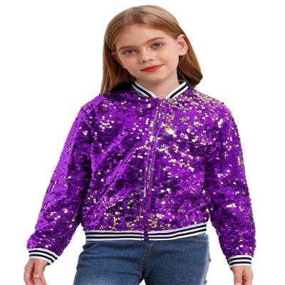 Jelory Kids Girls Sparkly Sequin Baseball Jacket Coat Long Sleeve Zip Up Outerwear Dancing Party Bomber Jackets Purple 14 Years