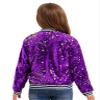 Jelory Kids Girls Sparkly Sequin Baseball Jacket Coat Long Sleeve Zip Up Outerwear Dancing Party Bomber Jackets Purple 14 Years view 2