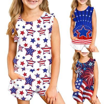 NineFit Basics Girls 4th of July Outfit Toddler Girls Sleeveless T-Shirt Top and Shorts Summer Patriotic Clothes (White, 7-8 Years)