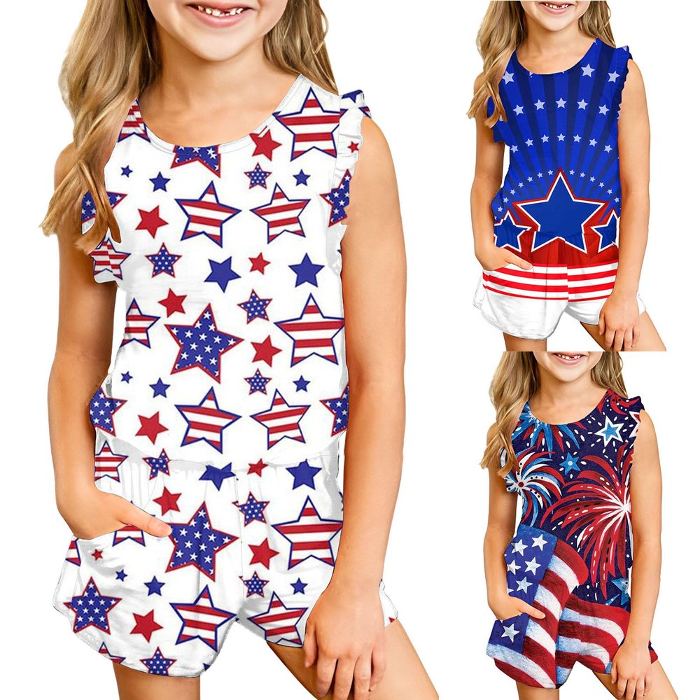 Girls 4th of July Outfit Toddler Girls Sleeveless T-Shirt Top and Shorts Summer Patriotic Clothes (White, 8-9 Years)
