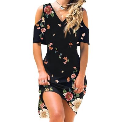 Womens Casual Cold Shoulder V Neck Short Sleeve Floral Print A-Line Midi Sundress Summer Beach Loose Stretchy Dresses