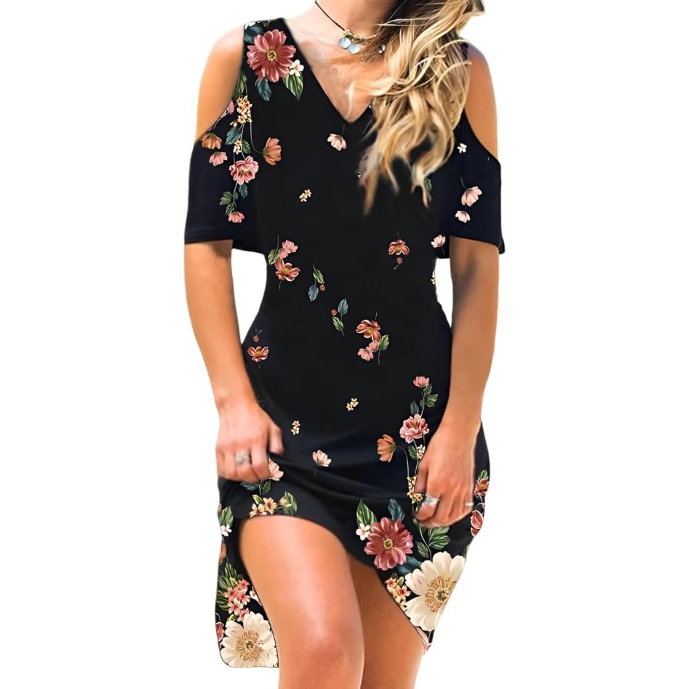 Womens Casual Cold Shoulder V Neck Short Sleeve Floral Print A-Line Midi Sundress Summer Beach Loose Stretchy Dresses