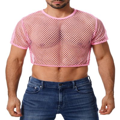 FYMNSI Men's Fishnet Top Mesh Tee Shirt Short Sleeve Round Neck Crop Top Party Club Rave Outfits for Men Muscle Workout Tank Tops See Through Undershirt Gym Training Sports Half Shirt Tops Pink L