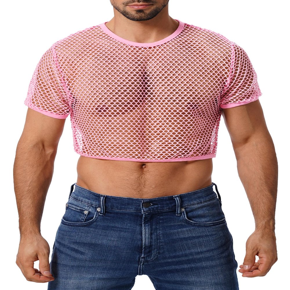 FYMNSI Men's Fishnet Top Mesh Tee Shirt Short Sleeve Round Neck Crop Top Party Club Rave Outfits for Men Muscle Workout Tank Tops See Through Undershirt Gym Training Sports Half Shirt Tops Pink L