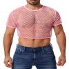 FYMNSI Men's Fishnet Top Mesh Tee Shirt Short Sleeve Round Neck Crop Top Party Club Rave Outfits for Men Muscle Workout Tank Tops See Through Undershirt Gym Training Sports Half Shirt Tops Pink L view 1