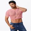 FYMNSI Men's Fishnet Top Mesh Tee Shirt Short Sleeve Round Neck Crop Top Party Club Rave Outfits for Men Muscle Workout Tank Tops See Through Undershirt Gym Training Sports Half Shirt Tops Pink L view 2