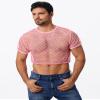 FYMNSI Men's Fishnet Top Mesh Tee Shirt Short Sleeve Round Neck Crop Top Party Club Rave Outfits for Men Muscle Workout Tank Tops See Through Undershirt Gym Training Sports Half Shirt Tops Pink L view 3